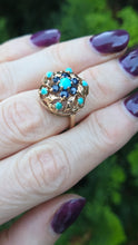 Load image into Gallery viewer, 6362 Vintage: 9ct Gold Turquoises Sapphires Cluster Ring- from 1964
