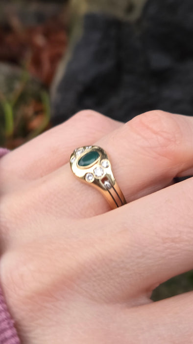 6526 Vintage: 18ct Yellow & White Gold Emerald & Diamond Art Deco Inspired Oval Dress Ring
