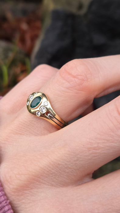 6526 Vintage: 18ct Yellow & White Gold Emerald & Diamond Art Deco Inspired Oval Dress Ring