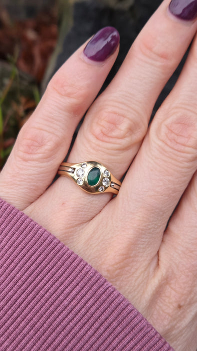 6526 Vintage: 18ct Yellow & White Gold Emerald & Diamond Art Deco Inspired Oval Dress Ring