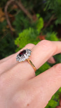 Load image into Gallery viewer, 6350: Vintage: 18ct Gold Rich Red Garnet 12 Diamonds Diana Style Cluster Ring - From 1972
