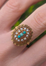 Load image into Gallery viewer, 2681: Vintage 9ct Gold Turquoises Seed Pearls Open Work Cocktail Ring- From 1967
