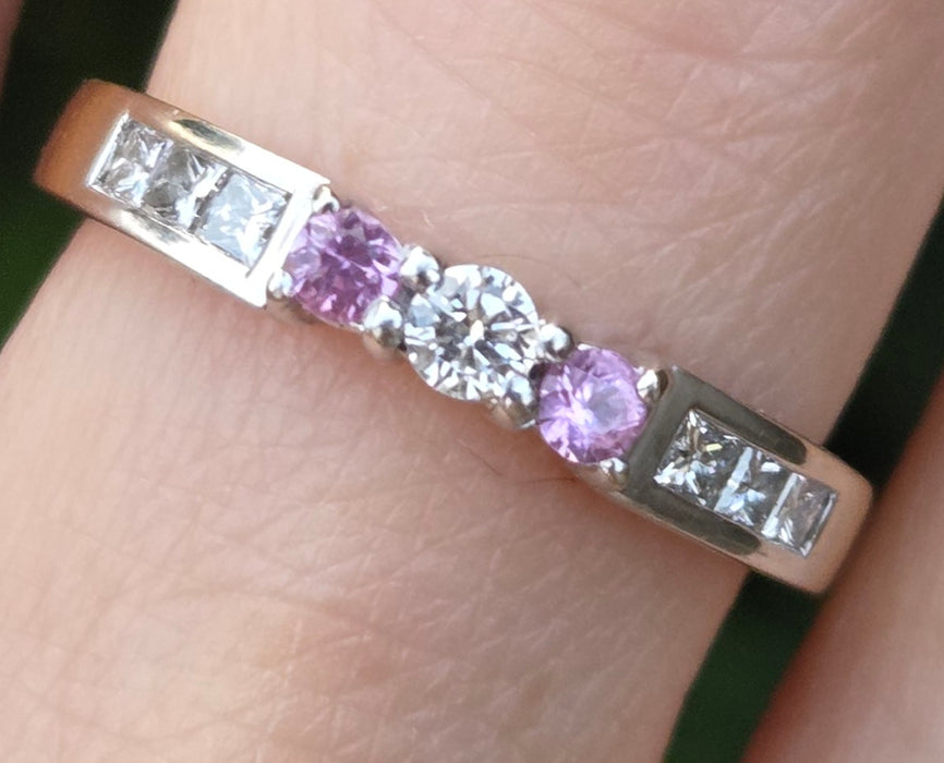 6329  Vintage: 18ct Gold Pink Sapphires Brilliant Cut Diamonds Stacker Ring