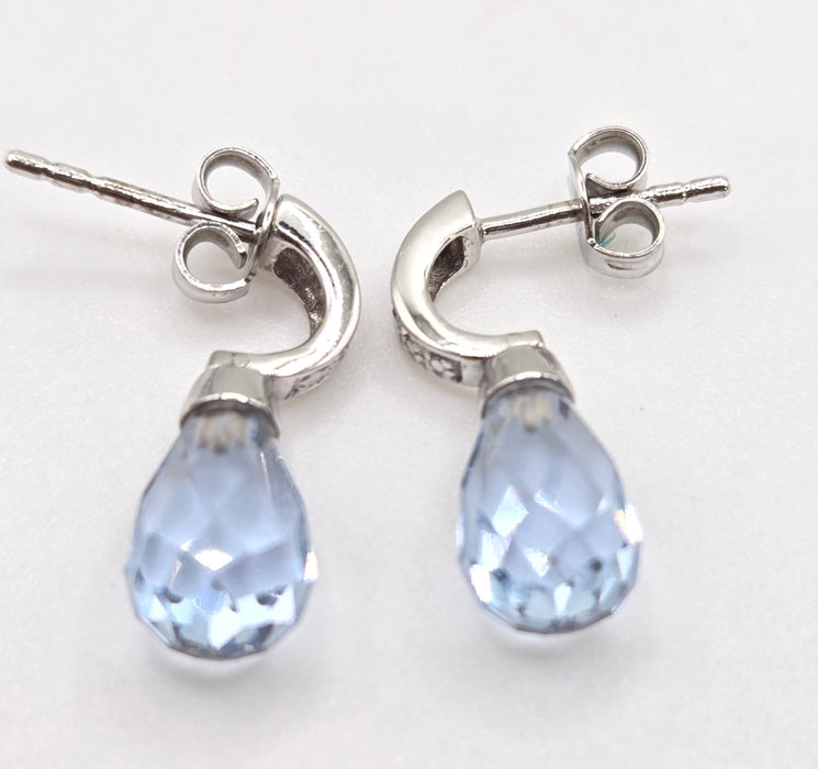 3020a: Vintage: 9ct White Gold Blue Topaz Diamonds Drop Stud Earrings