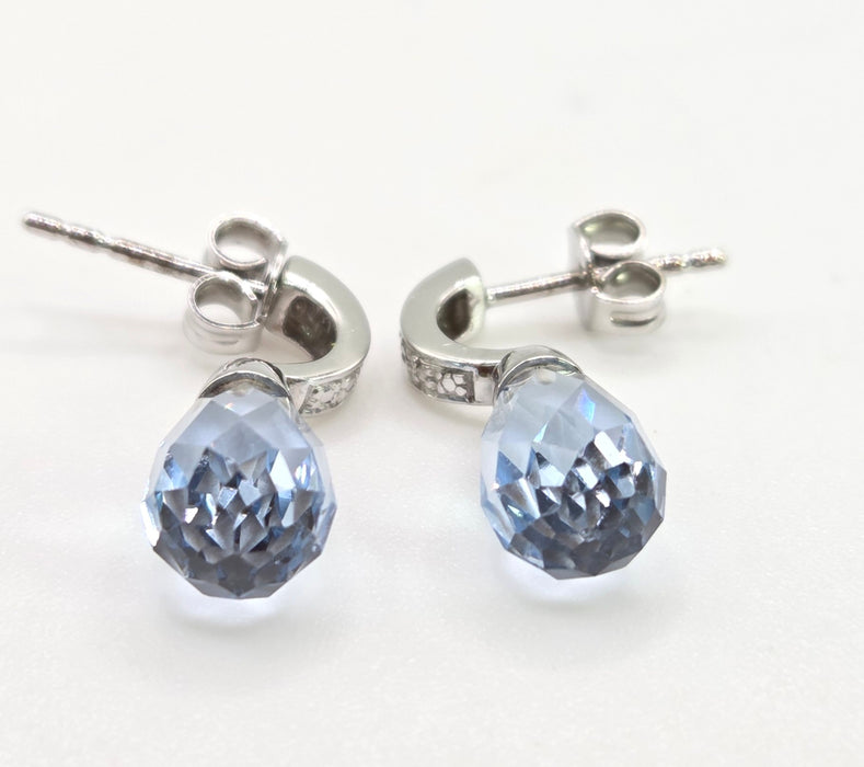 3020a: Vintage: 9ct White Gold Blue Topaz Diamonds Drop Stud Earrings