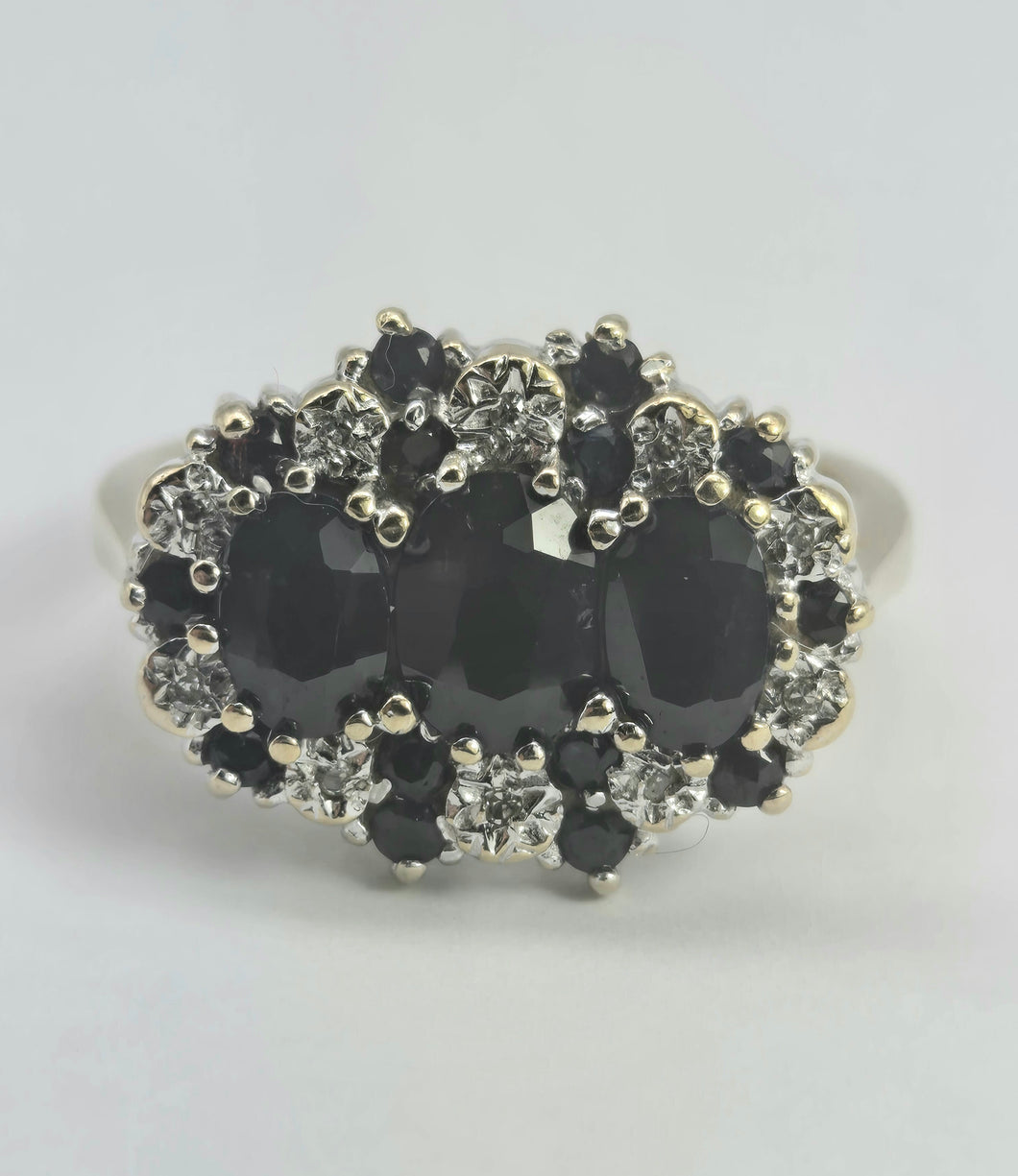 2785- Vintage 9ct Gold 17 Blue Sapphires 10 Diamonds Cocktail Ring