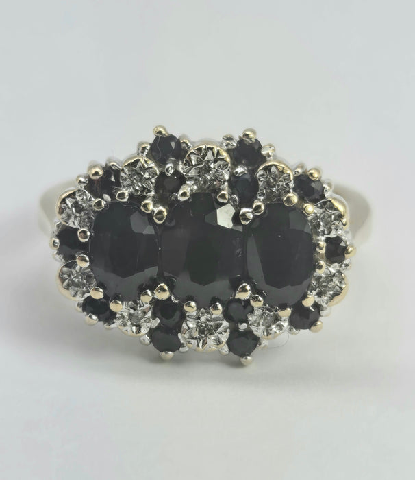2785- Vintage 9ct Gold 17 Blue Sapphires 10 Diamonds Cocktail Ring