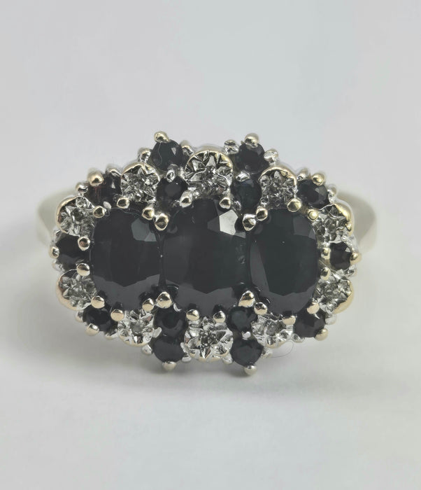 2785- Vintage 9ct Gold 17 Blue Sapphires 10 Diamonds Cocktail Ring