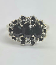 Load image into Gallery viewer, 2785- Vintage 9ct Gold 17 Blue Sapphires 10 Diamonds Cocktail Ring
