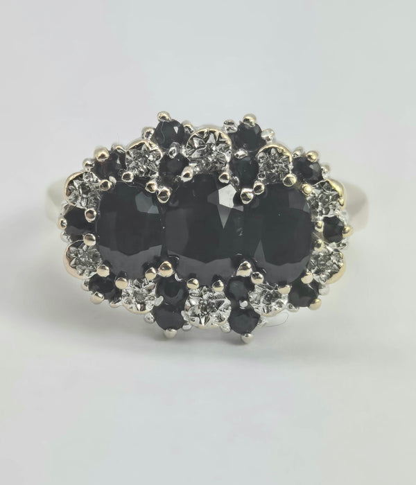 2785- Vintage 9ct Gold 17 Blue Sapphires 10 Diamonds Cocktail Ring