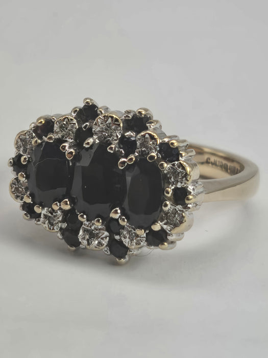 2785- Vintage 9ct Gold 17 Blue Sapphires 10 Diamonds Cocktail Ring