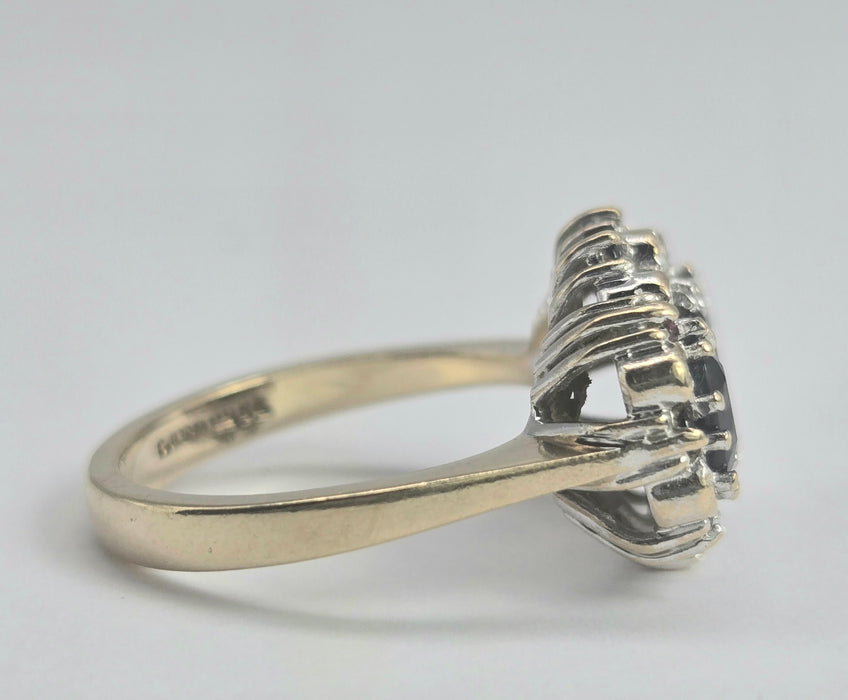 2785- Vintage 9ct Gold 17 Blue Sapphires 10 Diamonds Cocktail Ring