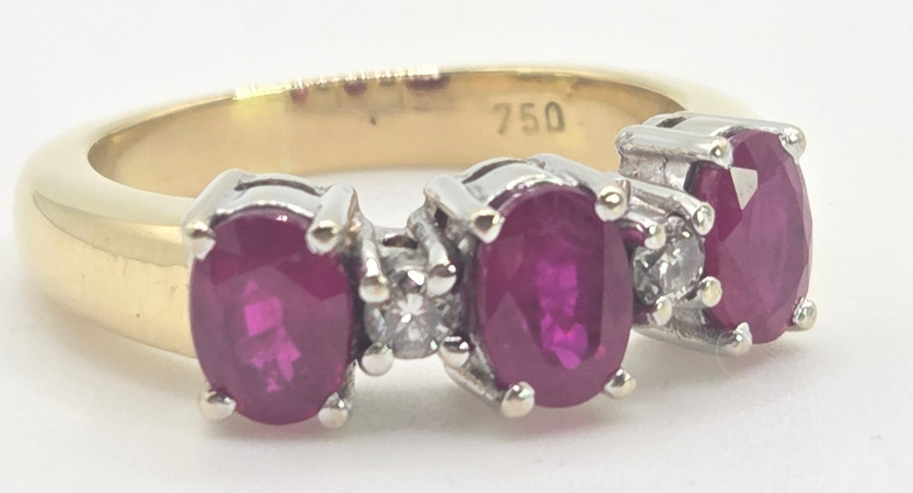 Vintage: 18ct Gold Three Ruby & Diamond Dress Ring