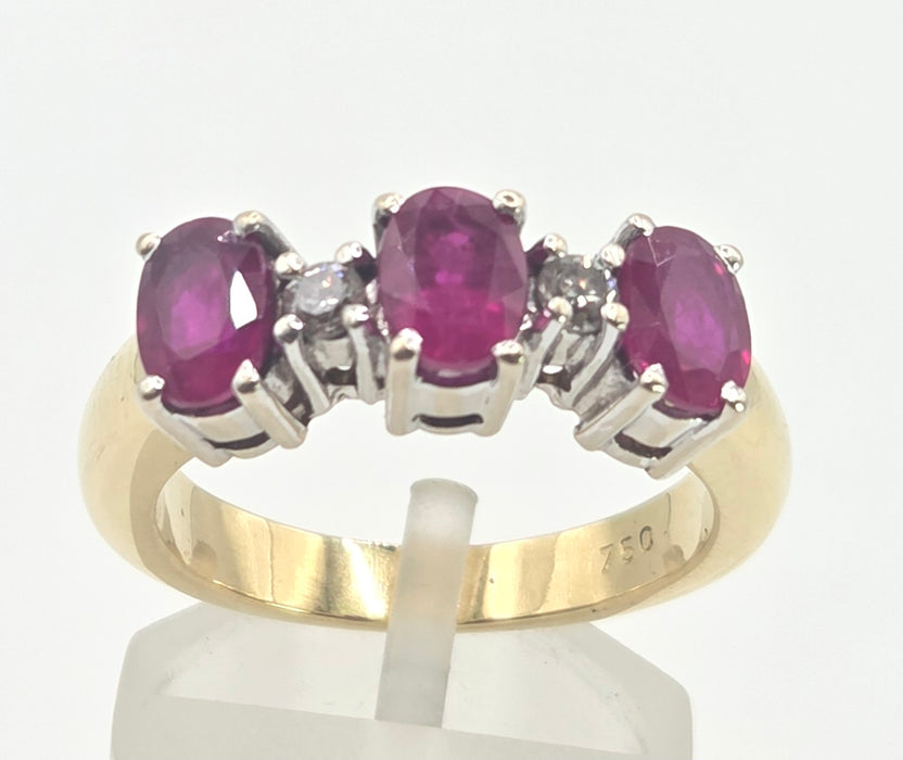 Vintage: 18ct Gold Three Ruby & Diamond Dress Ring