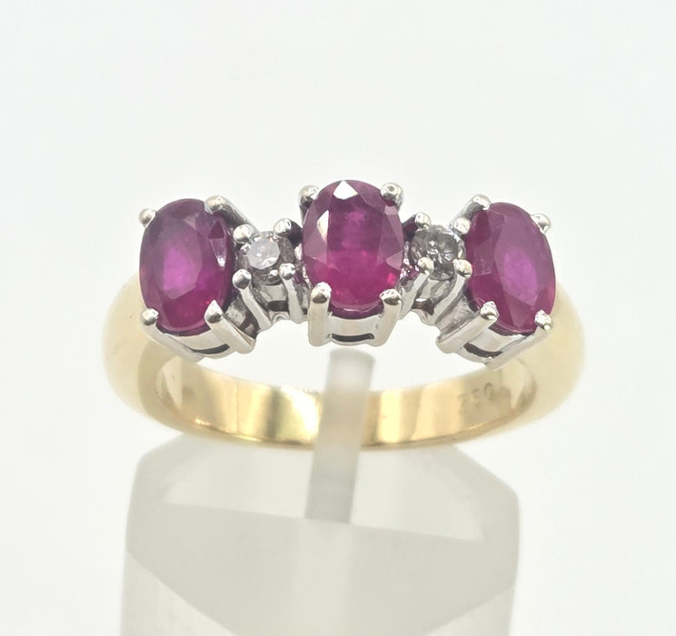 Vintage: 18ct Gold Three Ruby & Diamond Dress Ring