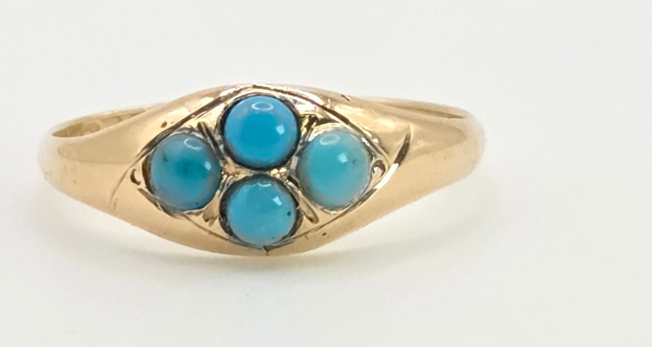 2572- Antique 15ct Gold Geometric Set Turquoises Ring- From 1913