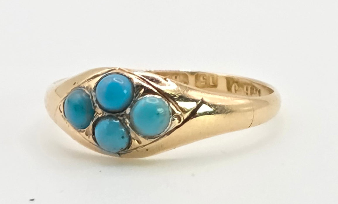 2572- Antique 15ct Gold Geometric Set Turquoises Ring- From 1913