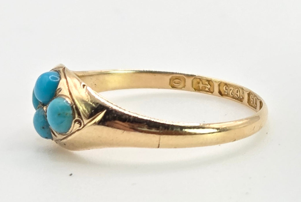 2572- Antique 15ct Gold Geometric Set Turquoises Ring- From 1913