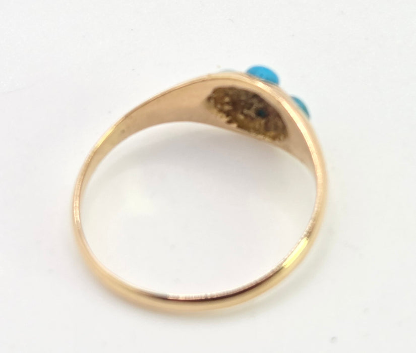 2572- Antique 15ct Gold Geometric Set Turquoises Ring- From 1913