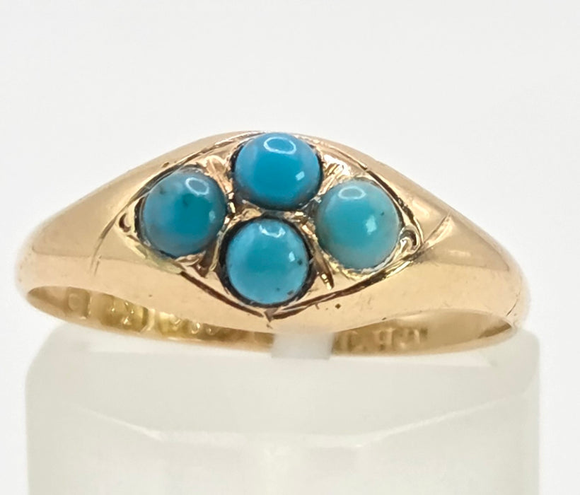 2572- Antique 15ct Gold Geometric Set Turquoises Ring- From 1913