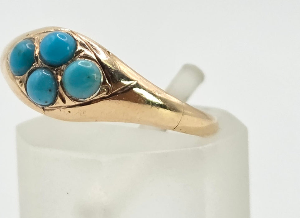 2572- Antique 15ct Gold Geometric Set Turquoises Ring- From 1913