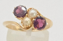 Load image into Gallery viewer, 2697: Vintage 18ct Gold Almandine Garnets Cultured Pearls Bypass Ring
