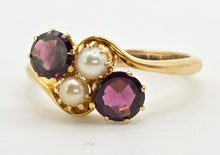 Load image into Gallery viewer, 2697: Vintage 18ct Gold Almandine Garnets Cultured Pearls Bypass Ring
