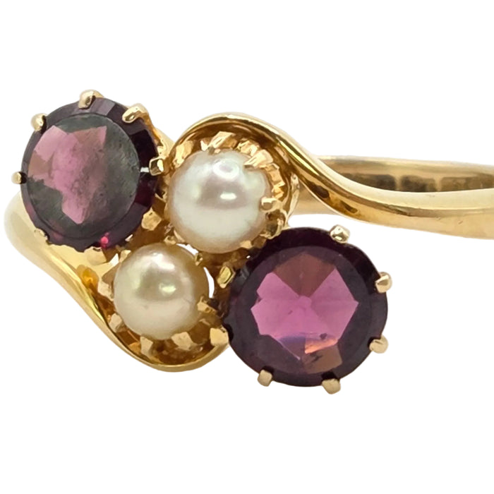 2697: Vintage 18ct Gold Almandine Garnets Cultured Pearls Bypass Ring
