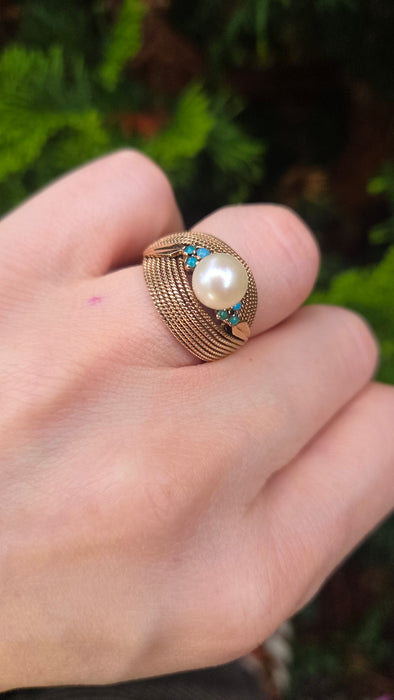 6370 Vintage: 9ct Yellow Gold Woven Turquoise & Pearl Statement Ring