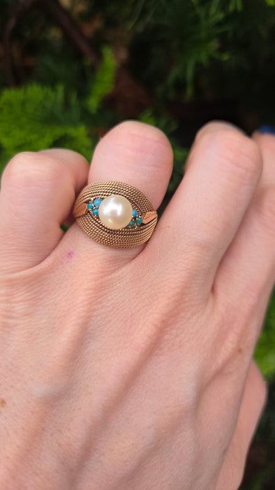 6370 Vintage: 9ct Yellow Gold Woven Turquoise & Pearl Statement Ring