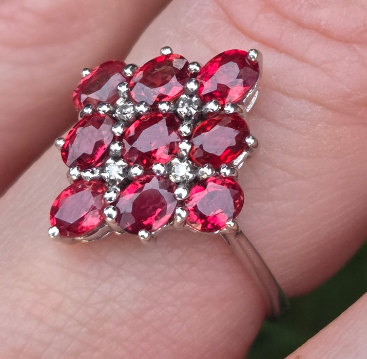 2533; Vintage 9ct White Gold Rubies Diamonds Geometric Set Cluster Ring