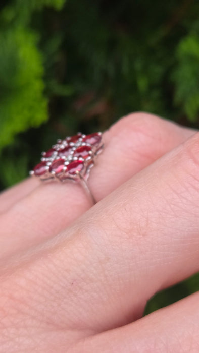 2533; Vintage 9ct White Gold Rubies Diamonds Geometric Set Cluster Ring