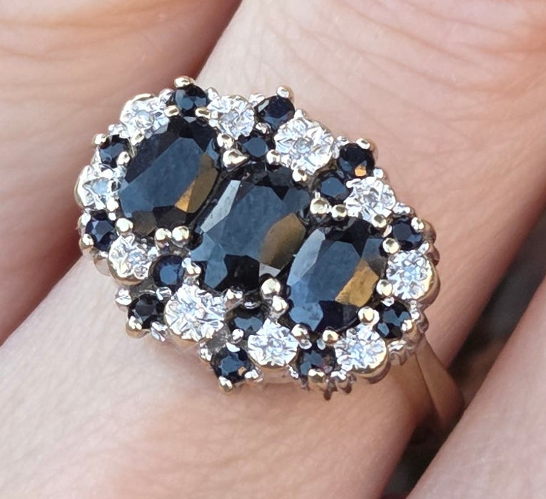 2785- Vintage 9ct Gold 17 Blue Sapphires 10 Diamonds Cocktail Ring