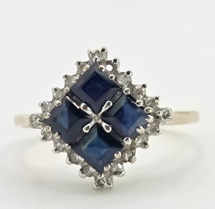 2798: Vintage 9ct Gold Blue Sapphires Natural Diamonds Geometric Set Ring