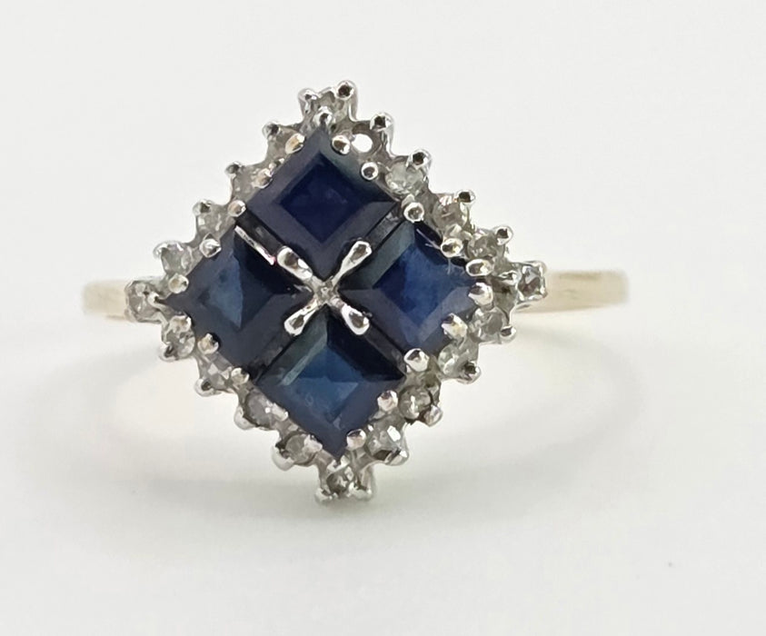 2798: Vintage 9ct Gold Blue Sapphires Natural Diamonds Geometric Set Ring