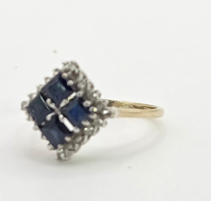 2798: Vintage 9ct Gold Blue Sapphires Natural Diamonds Geometric Set Ring