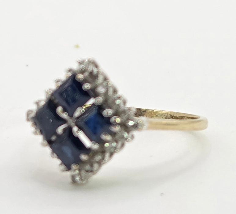 2798: Vintage 9ct Gold Blue Sapphires Natural Diamonds Geometric Set Ring