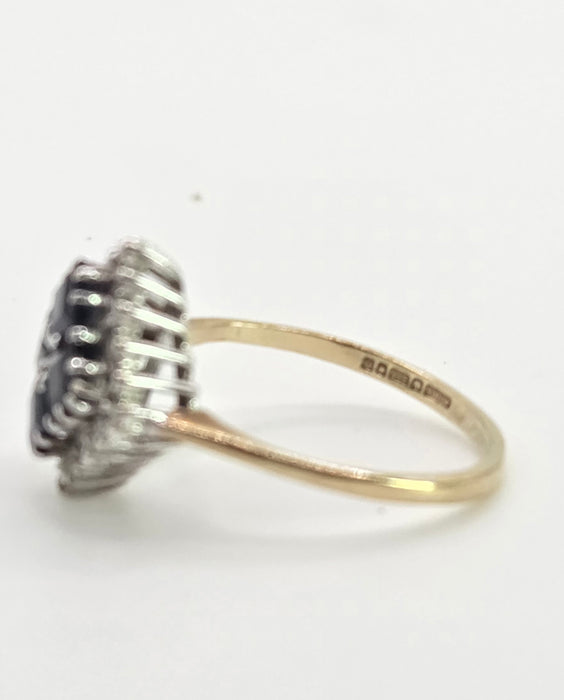 2798: Vintage 9ct Gold Blue Sapphires Natural Diamonds Geometric Set Ring