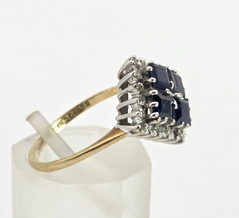 2798: Vintage 9ct Gold Blue Sapphires Natural Diamonds Geometric Set Ring