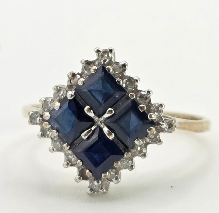 2798: Vintage 9ct Gold Blue Sapphires Natural Diamonds Geometric Set Ring