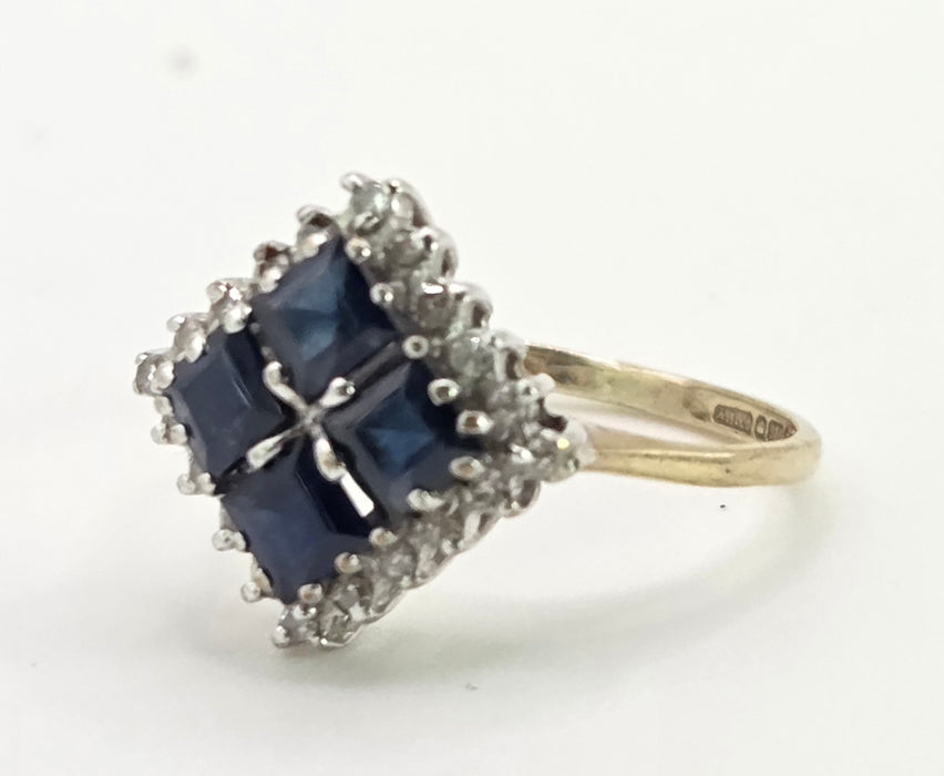 2798: Vintage 9ct Gold Blue Sapphires Natural Diamonds Geometric Set Ring