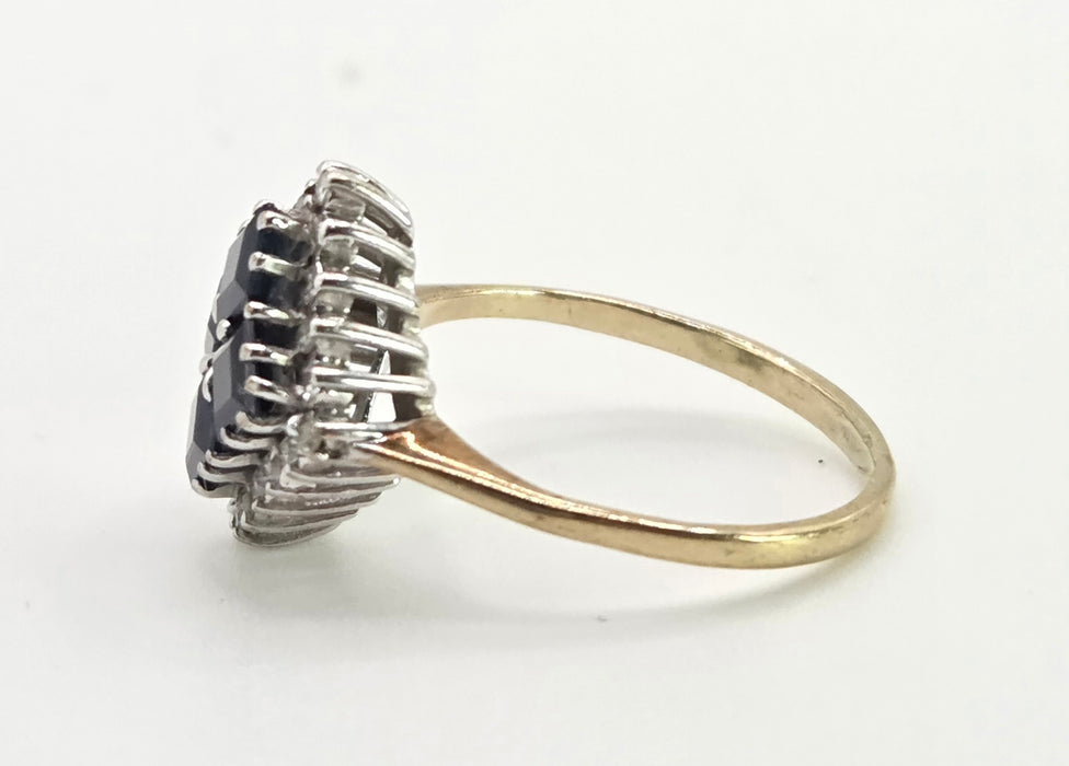2798: Vintage 9ct Gold Blue Sapphires Natural Diamonds Geometric Set Ring