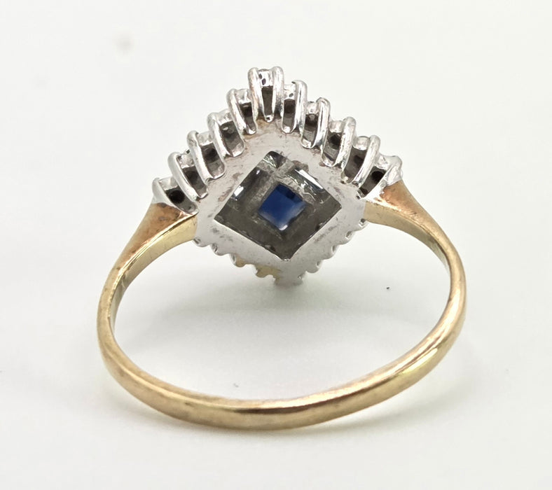 2798: Vintage 9ct Gold Blue Sapphires Natural Diamonds Geometric Set Ring