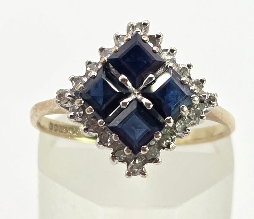 2798: Vintage 9ct Gold Blue Sapphires Natural Diamonds Geometric Set Ring