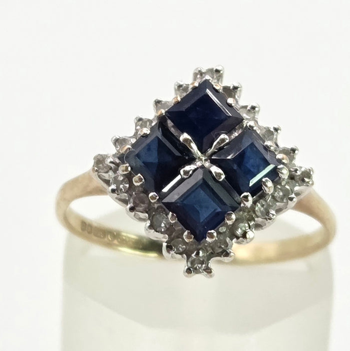 2798: Vintage 9ct Gold Blue Sapphires Natural Diamonds Geometric Set Ring