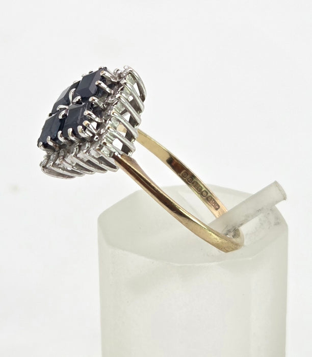 2798: Vintage 9ct Gold Blue Sapphires Natural Diamonds Geometric Set Ring