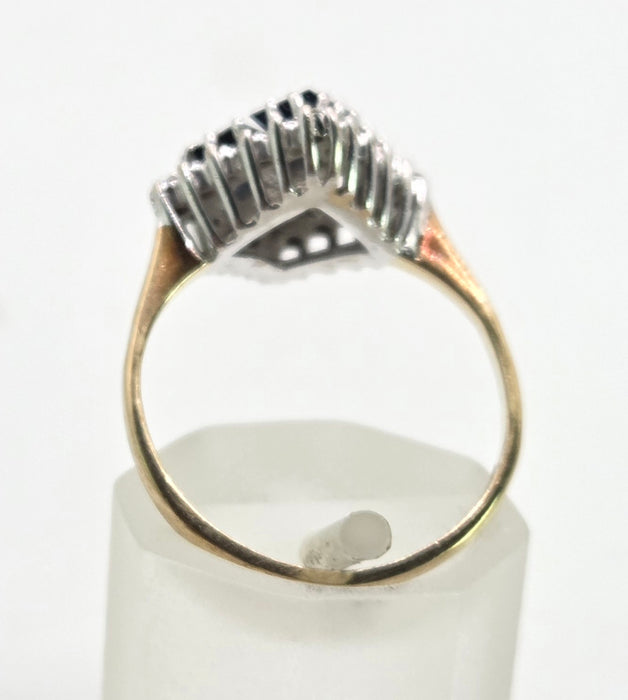 2798: Vintage 9ct Gold Blue Sapphires Natural Diamonds Geometric Set Ring