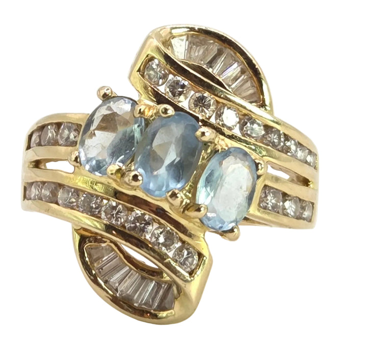 2712- Vintage: 18ct Gold Blue Aquamarines Baguette Diamonds Cocktail Ring- Wow