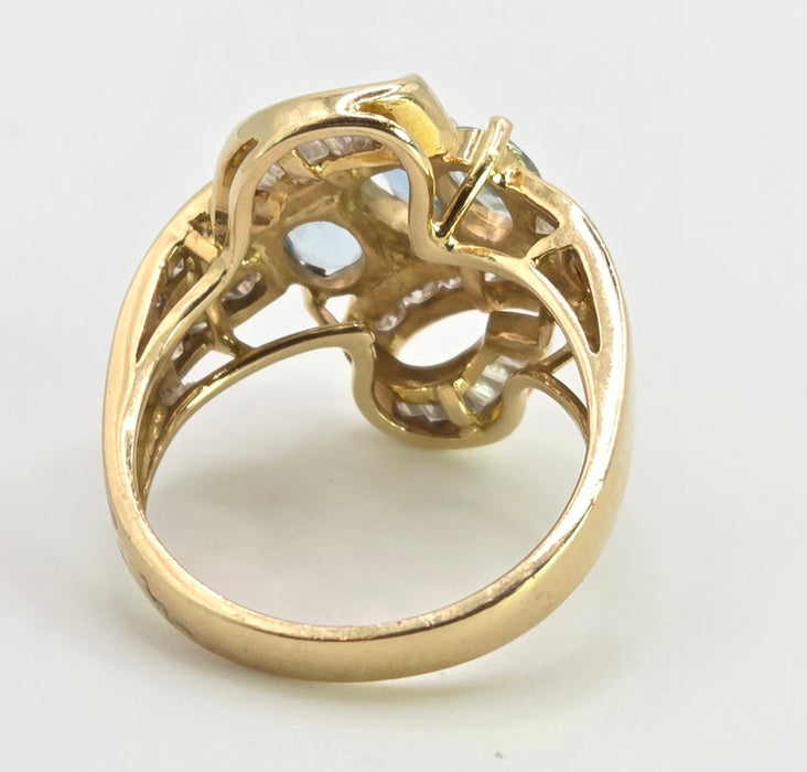 2712- Vintage: 18ct Gold Blue Aquamarines Baguette Diamonds Cocktail Ring- Wow