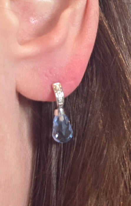 3020a: Vintage: 9ct White Gold Blue Topaz Diamonds Drop Stud Earrings